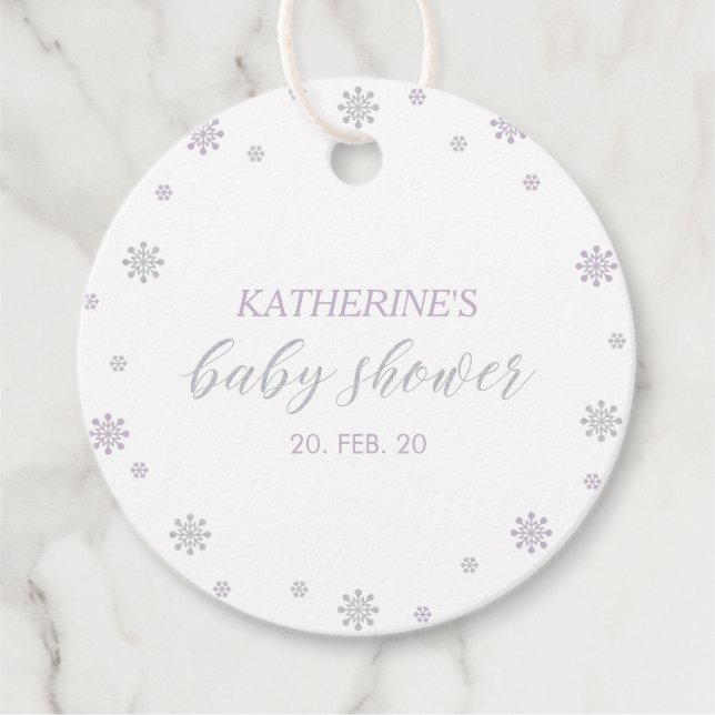Lila & Silver Winter Wonderland Baby Shower Gåvor Etiketter (Framsida)