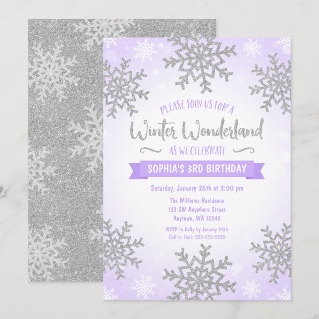Lila Silver Winter Wonderland Girl Birthday Inbjudningar (Fram/baksida)