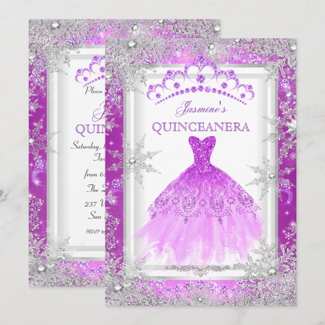 Lila Silver Winter Wonderland Quinceanera Party Inbjudningar (Fram/baksida)