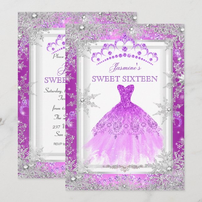 Lila Silver Winter Wonderland Sweet 16 Inbjudningar (Fram/baksida)