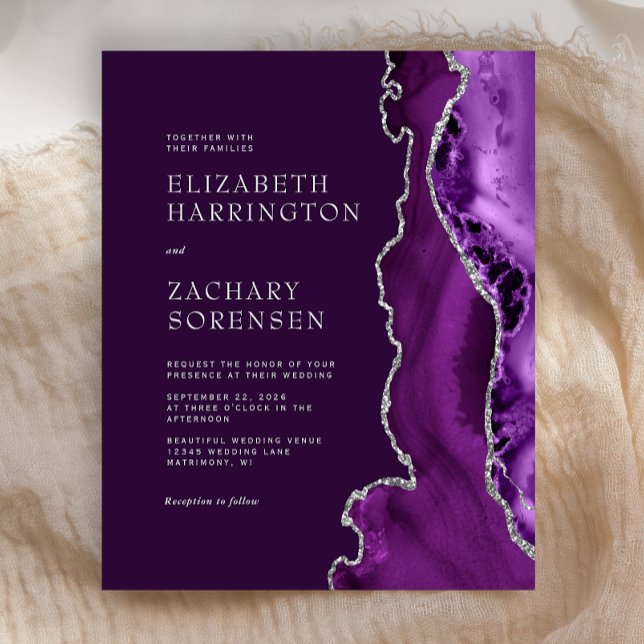 Lila silverfärgad agatbröllopsinbjudan på budget (Skapare uppladdad)