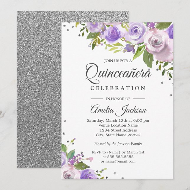 Lila Silverglans Blommig Quinceanera Inbjudan (Fram/baksida)