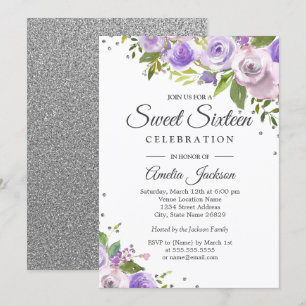 Lila Silverglans Blommig Sweet Sixteen Inbjudan