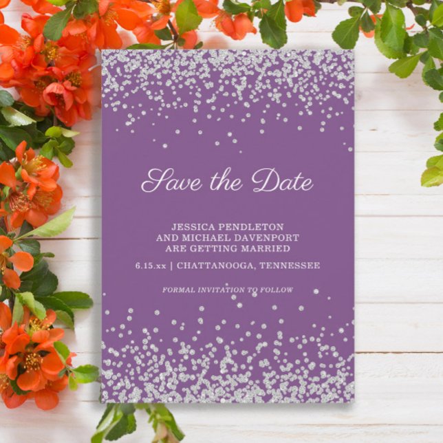 Lila silverglitter Bröllop Spara Datumet (Purple wedding Save the Date with silver glitter)