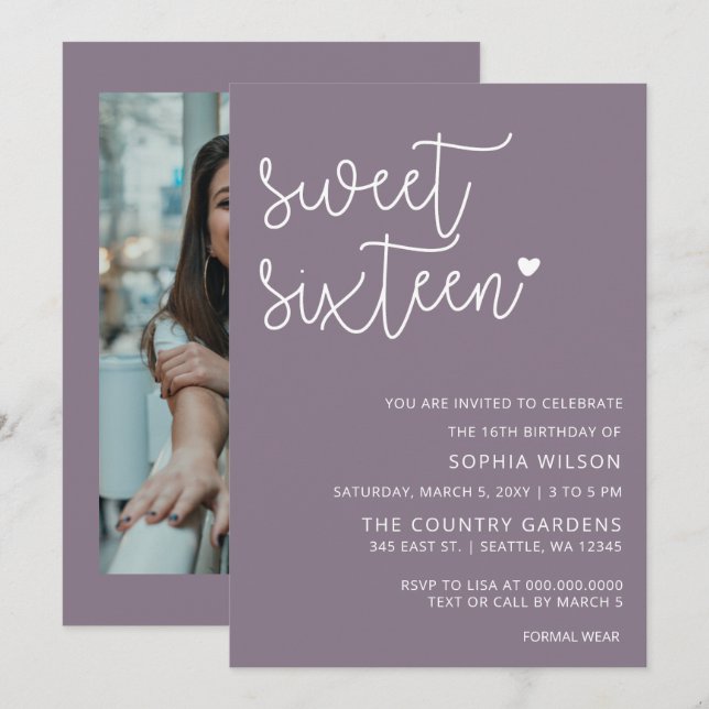 Lila Simple Script Sweet 16 Birthday Photo Inbjudningar (Fram/baksida)