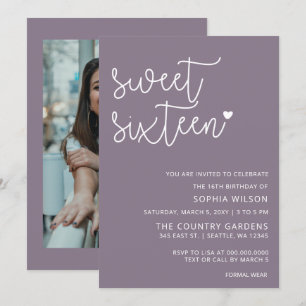 Lila Simple Script Sweet 16 Birthday Photo Inbjudningar