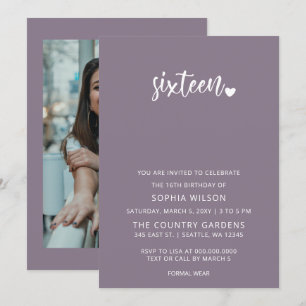 Lila Simple Script Sweet 16 Birthday Photo Inbjudningar