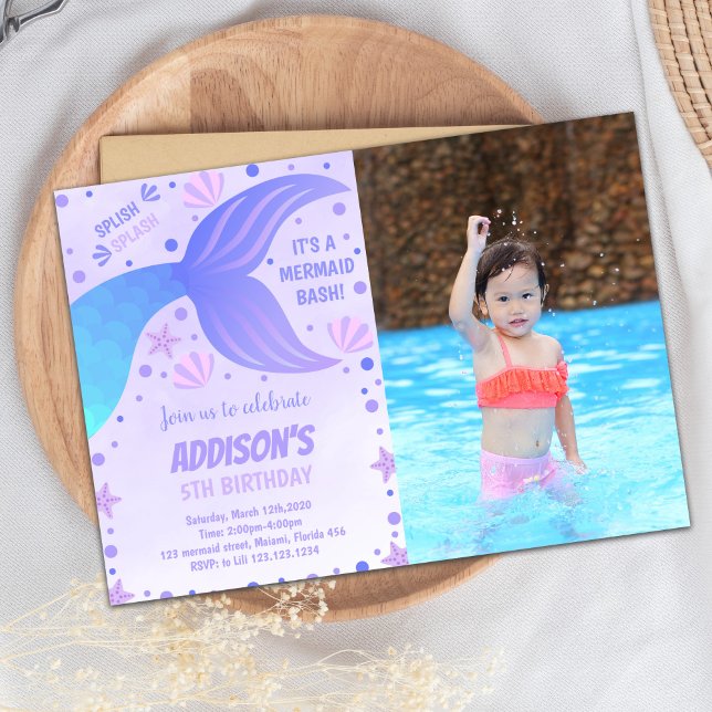 Lila Sjöjungfru Bjud in med foto på födelsedag Inbjudningar (Mermaid Purple Birthday Invitations with photo)
