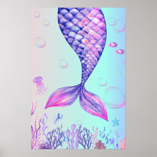 Lila Sjöjungfru Blue Sea Bedroom Wall Art Poster