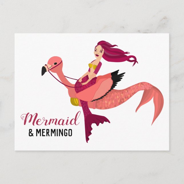 Lila Sjöjungfru & Cute Rosa Flamingo BFF Mermingo Vykort (Framsida)