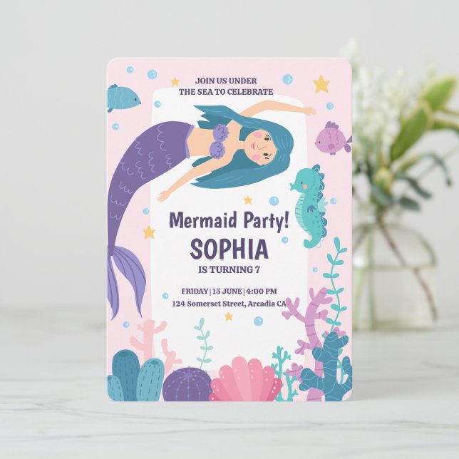 Lila Sjöjungfru Cute under Havsdagen Inbjudningar (Stående Fram)