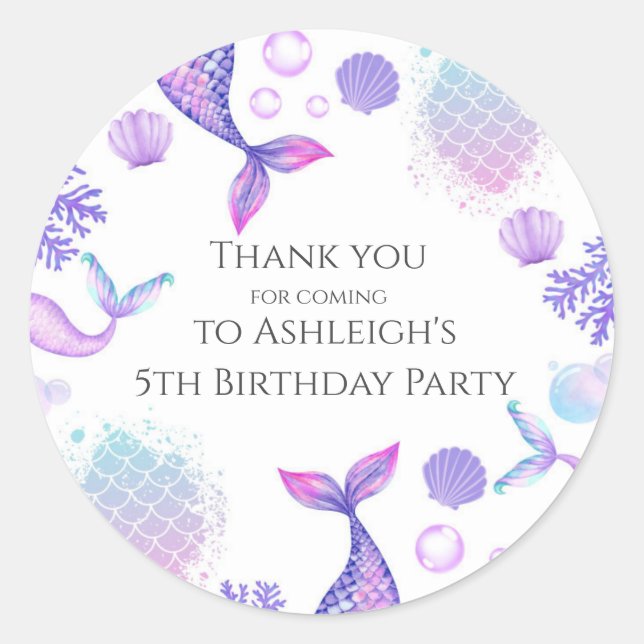Lila Sjöjungfru - etikett för Födelsedagsfest (Framsida)