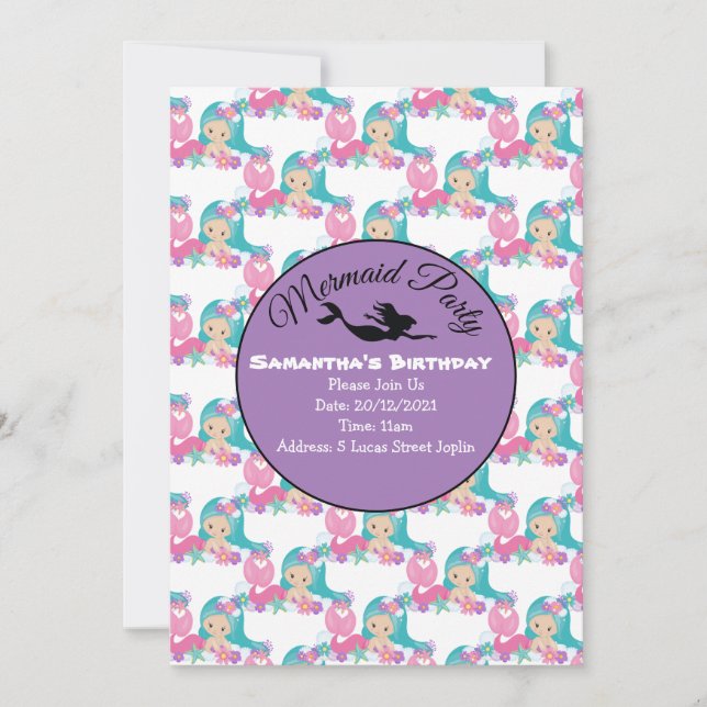 Lila sjöjungfru fest Rosa inbjudan (Framsida)
