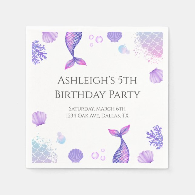 Lila Sjöjungfru Födelsedagsfest Pappersservett (Framsidan)