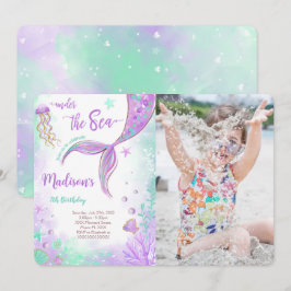 Lila Sjöjungfru Fotoinbjudan på födelsedagen Inbjudningar