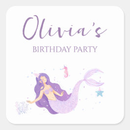 Lila Sjöjungfru Girls Personlig Birthday Fyrkantigt Klistermärke
