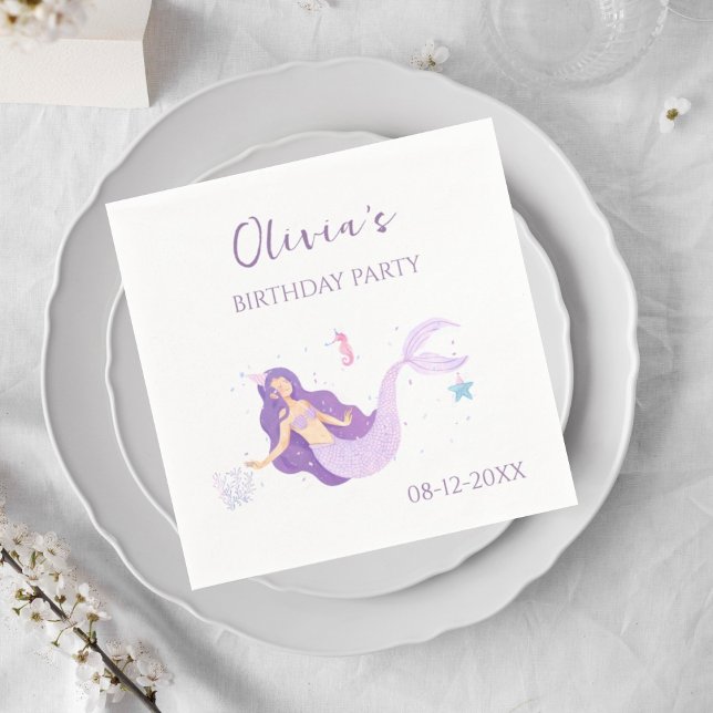 Lila Sjöjungfru Girls Personlig Birthday Napkins Pappersservett (Skapare uppladdad)