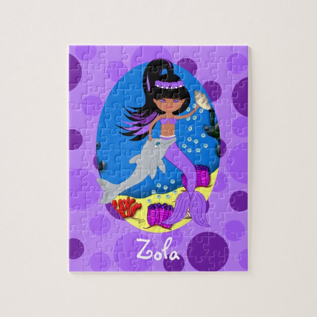 Lila Sjöjungfru i oceanen med delfiner Pussel (Vertikal)