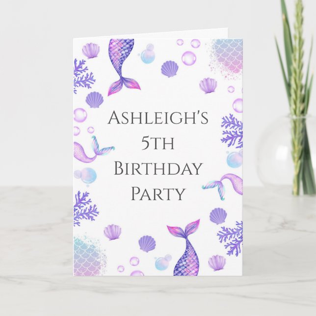 Lila Sjöjungfru Levererad från födelsedag Inbjudan (Framsida)