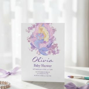 Lila sjöjungfru prinsessa baby shower inbjudan