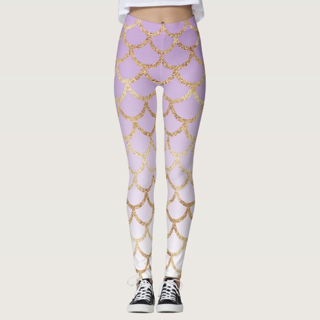 Lila sjöjungfru skalar övertoningen guld glitter leggings (Framsida)