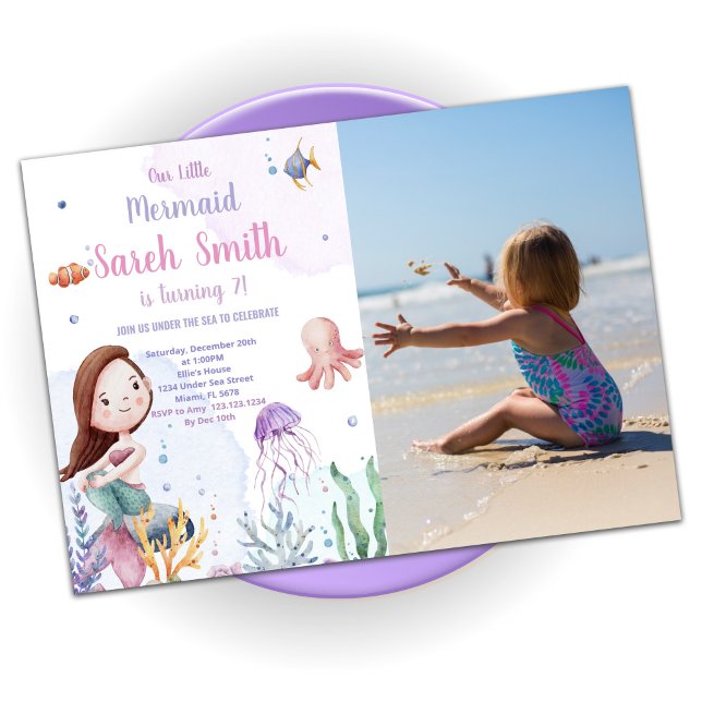 Lila Sjöjungfru Svan födelsedagsinbjudningar med f Inbjudningar (Purple Mermaid Tail Birthday Invitations w photo)