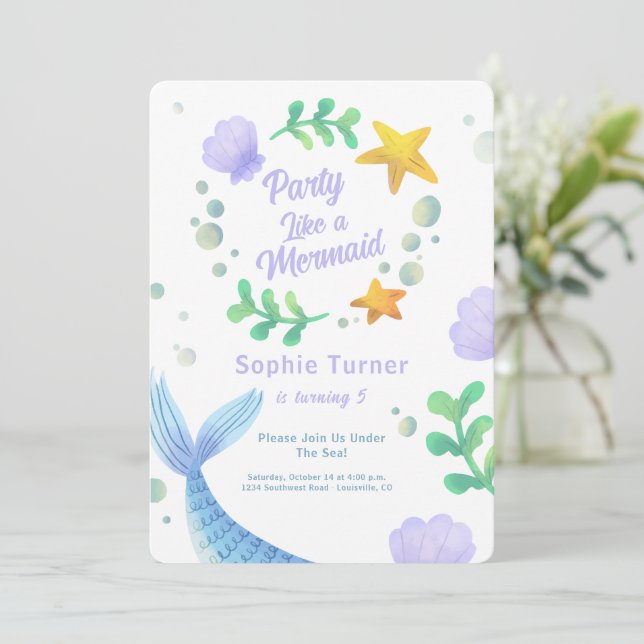 Lila Sjöjungfru Svan under Havsdagen Inbjudningar (Stående Fram)