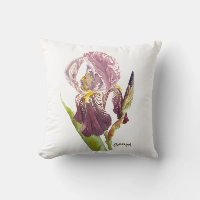 Lila skäggig vattenfärgblomma från ris. kudde (Framsida)