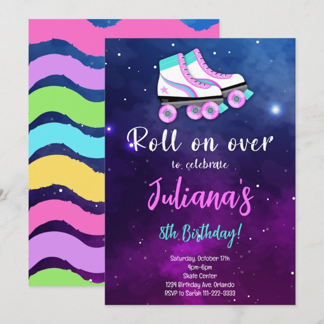 Lila Skate Roll on over Birthday-inbjudan Inbjudningar (Fram/baksida)