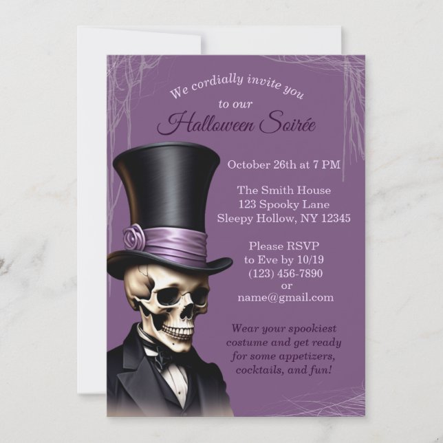 Lila Skeleton Elegant Halloween Inbjudningar (Framsida)