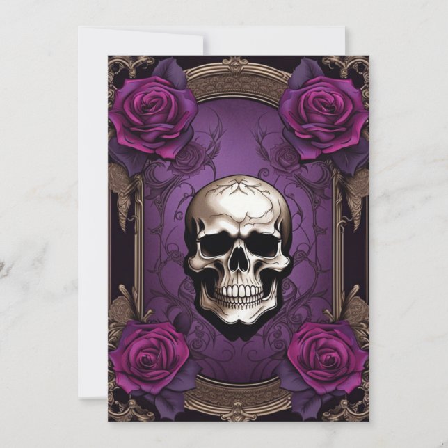 Lila Skull och Ro Gothic Elegance Bröllop Inbjudningar (Framsida)