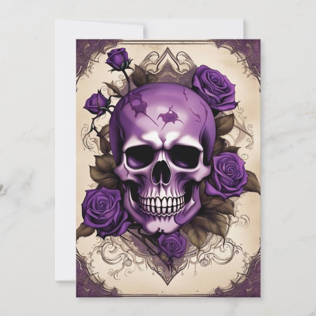 Lila Skull och Ro Gothic Elegance Bröllop Inbjudningar (Framsida)
