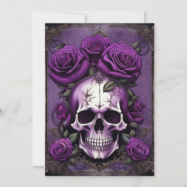 Lila Skull och Ro Gothic Elegance Bröllop Inbjudningar (Framsida)