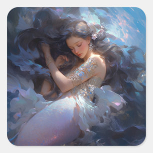 Lila Sleeping Sjöjungfru Fantasy Art Fyrkantigt Klistermärke