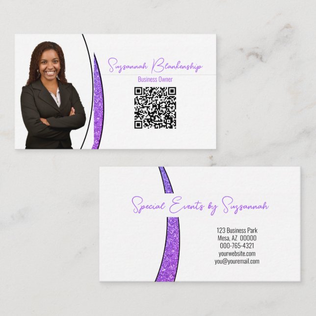 Lila Slever Faux Glitter Photo QR Professionell Visitkort (Fram/baksida)