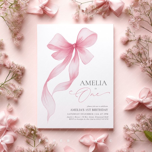 Lila slinga 1-års födelsedagsflicka Coquette  Inbjudningar (Pink Bow 1st Birthday Invitation Girls invite)