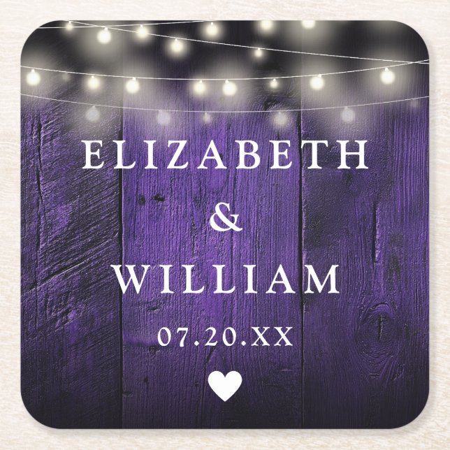 Lila slinglampor rustik trä boho lada bröllop underlägg papper kvadrat (Framsidan)