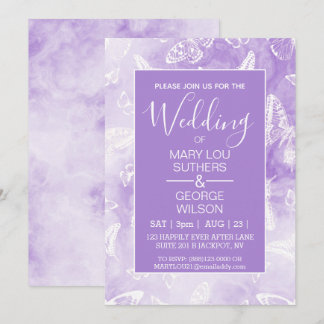 Lila Smokey Marble Butterflies Bröllop Inbjudningar