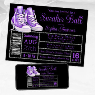 Lila Sneaker Ball Födelsedagsfest Skor Etikett Inbjudningar
