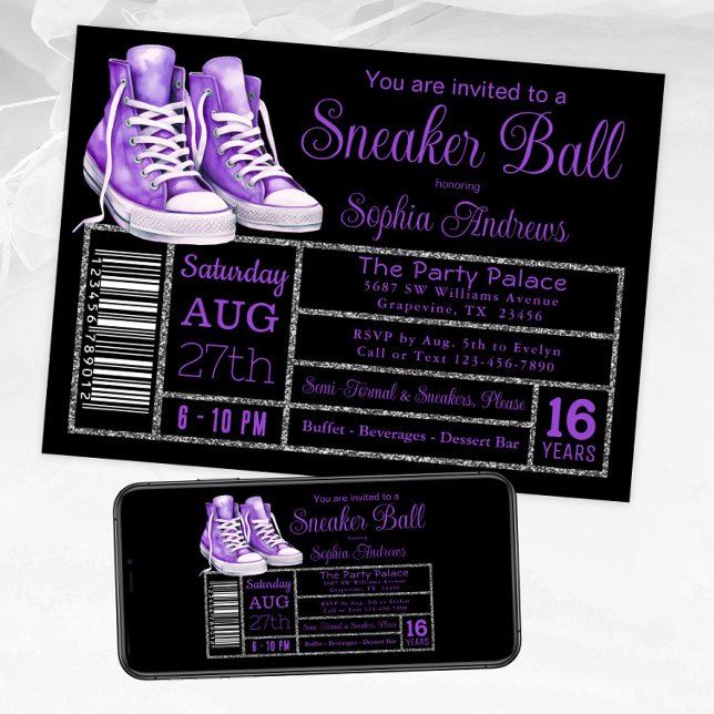 Lila Sneaker Boll Födelsedagsfest Shoe Label Inbjudningar (Purple black sneaker ball invitation. Available for instant download and print.)