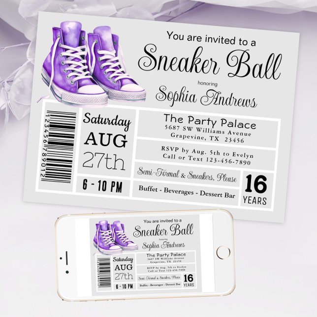 Lila Sneaker Boll Födelsedagsfest Shoe Label Inbjudningar (Purple sneaker ball invitation shoe label style. Available in instant download and print files.)