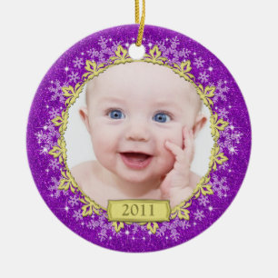 Lila Snöflingor Baby Första julfotfoto Julgransprydnad Keramik