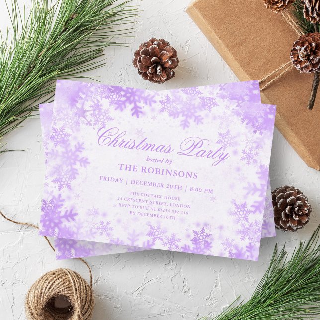 Lila Snöflingor i julafton Inbjudningar (Festive Holiday Christmas Purple Snowflakes Invitation)
