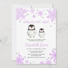 Lila Snöflingor Penguin Baby Shower Inbjudningar