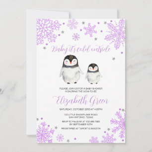 Lila Snöflingor Penguin Baby Shower Inbjudningar