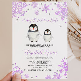 Lila Snöflingor Pingvin Baby Shower Inbjudningar