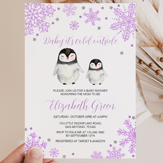Lila Snöflingor Pingvin Baby Shower Inbjudningar (Skapare uppladdad)