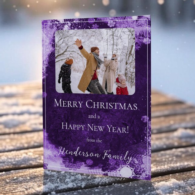 Lila snöflingor Platt julkort (Purple Snowflakes Flat Holiday Photo Card)
