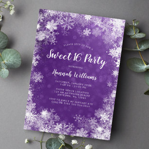 Lila Snöflingor Winter Wonderland Sweet 16 Inbjudningar