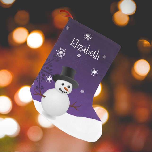 Lila Snögubbe Winter Scene-julklapp Liten Julstrumpa (Purple Snowman Winter Scene Christmas Stocking)